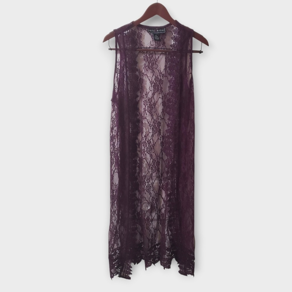 Purple Floral Lace Long Open Front Wrap Whimsigoth Dark Fairy Sheer Small